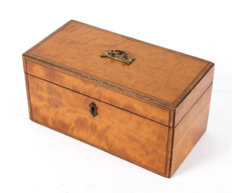 A 19th century satinwood tea caddy, with twin canister interior, lacking mixing bowl, 15cm high x 30cm wide x 15cm deep