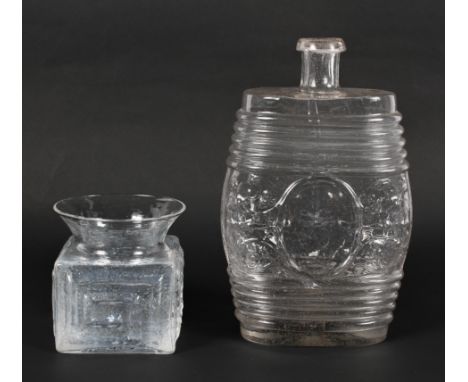 A Dartington glass vase, of square form with moulded decoration, 9cm high; and a glass flask, probably 19th century, with mou