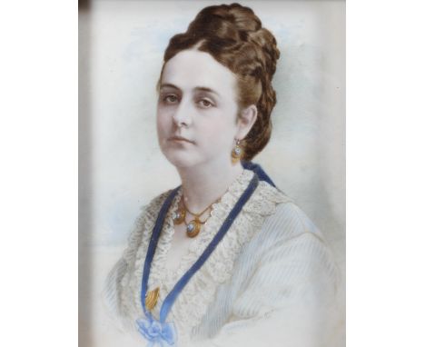 Victorian School, Portrait of a lady in a lace collar, probably a painted over photograph on opaque glass, possibly inscribed