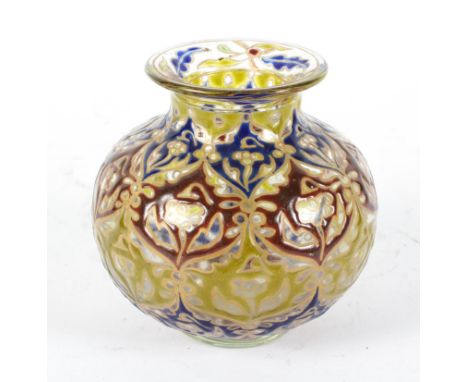 An Emile Galle style glass vase, of ovoid form, enamelled with a Persian design of stylised foliate motifs in yellow, red and