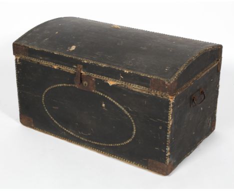 An early Victorian topped trunk, with fabric covering and brass studs, 45cm high x 77cm wide x  47cm deep