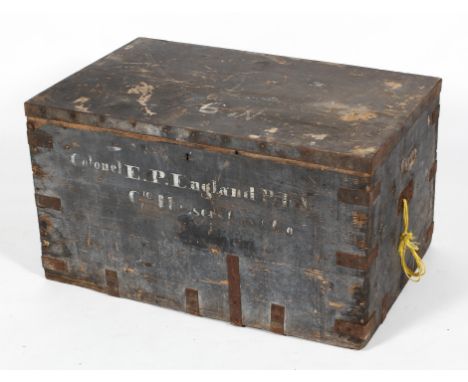 A pine campaign chest named for  'Colonel E P England/c/o Messers Cox &amp; Co', late 19th century, with riveted metal straps