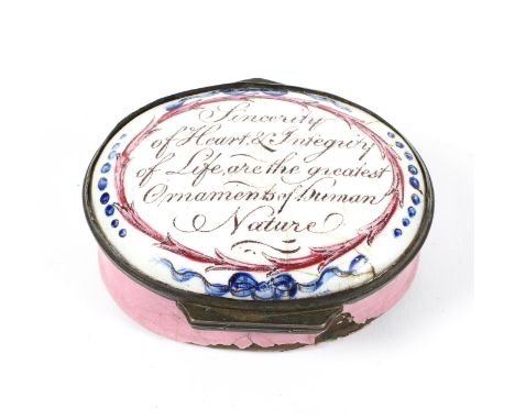 A Bilston enamel patch box, late 18th century, of oval form, inscribed 'Sincerity of Heart &amp; Integrity of Life are the gr
