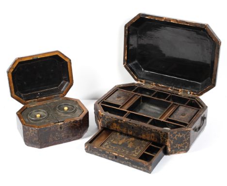 A 19th century lacquered papier mache sewing box and a similar tea caddy, each of octagonal form, gilt with panels of chinois