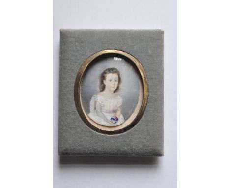 19th century miniature, Portrait of a young girl in a white dress holding a coloured ball, oval, watercolour on ivory, signed