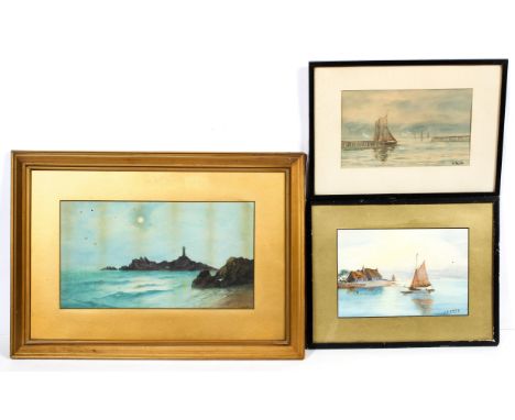 Abraham Hulk Jnr (1851-1922), Fishing Ship at Harbour Entrance, watercolour and two other maritime paintings, signed S.R. Smi