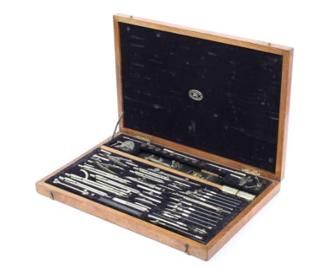 A German mid-20th Century technical drawing kit, Richter &amp; Co., Berlin, cased in a mahogany box with a blue velvet fitted