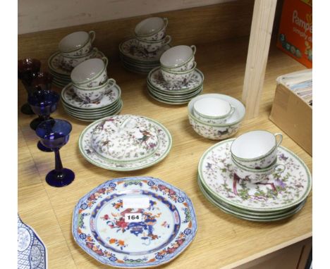 A blue and white part dinner service, a tea set, a Chinese export plate and various glasses