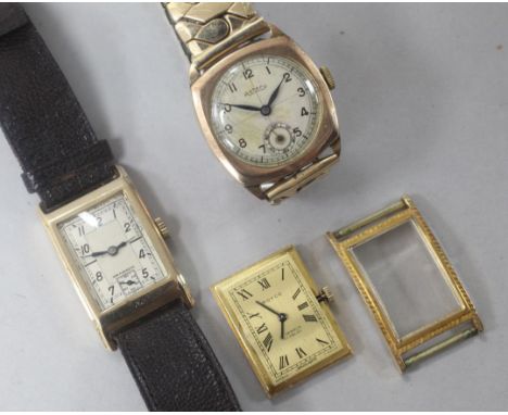 A gentleman's 1930's 9ct gold Titus manual wind rectangular cased wrist watch, one other 9ct gold watch and a gold plated wat