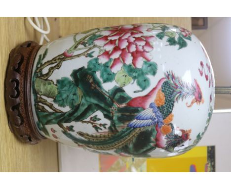 A Chinese famille rose 'phoenix and rocks' jar and cover, early 20th century, converted to a lamp