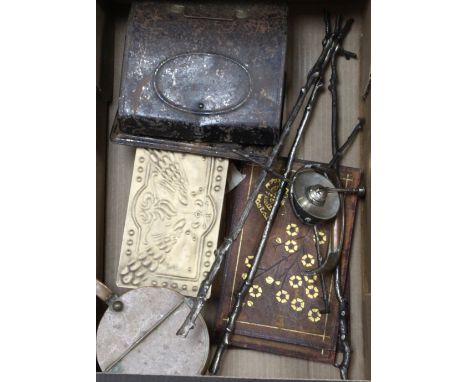 Arts & Crafts metalware, a toy metal typewriter and Aesthetic period leather panels