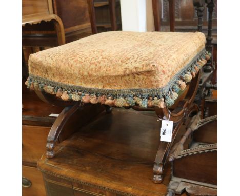 A Victorian rosewood 'X' shaped stool, with old tapestry upholstered top, W.52cm