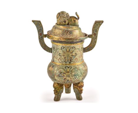 A Chinese Shang and Zhou dynasty cloisonne bronze ritual wine vessel, the tripod base supporting a round body with with flare