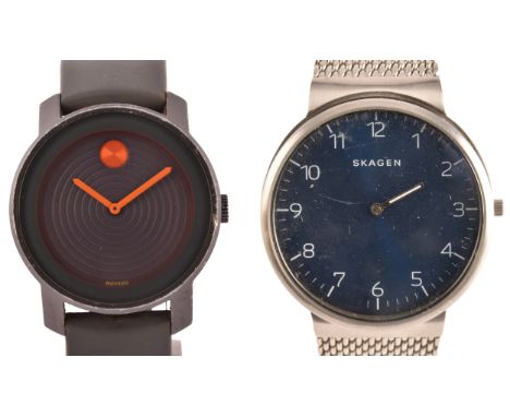 A Movado bold wristwatch, orange and grey, case size 40 mm case, together with a Skagen men's ancher refined watch, blue dial