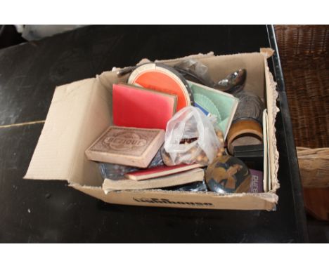 A box containing various costume jewellery; silver plated ladle etc.