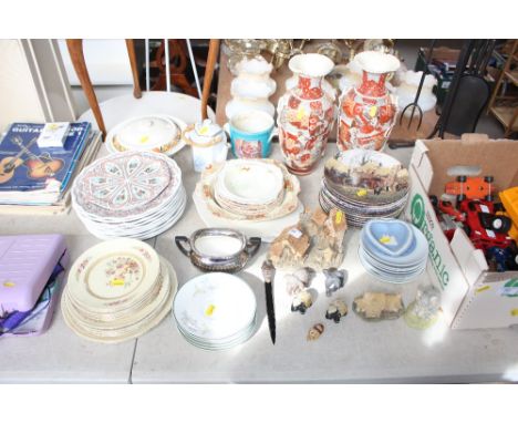 A quantity of china to include oriental vases; collectors plates; Jasper ware; model cottages; Royal Albert "Spring Dawn" pat
