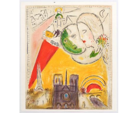  Advertising Poster Chagall - Le Dimanche- Illustration of Paris – Notre-Dame, the Eiffel Tower, lithograph poster. Country: 