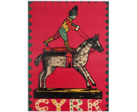 Advertising Polish Circus poster – Cyrk, wooden horse. Country: Poland. Year: 1962. Artist: R. Cieslewicz. Size (cm): 65x47. 