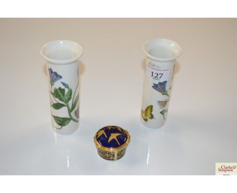 A pair of Portmeirion "Botanic Garden" vases and a Worcester patch box