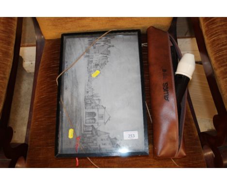 A recorder in carrying bag; and a print of "The Market Place, Witney"
