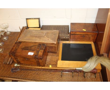 A collection of various wooden items to include a sarcophagus shaped tea caddy, a walnut veneered caddy, various trinket boxe