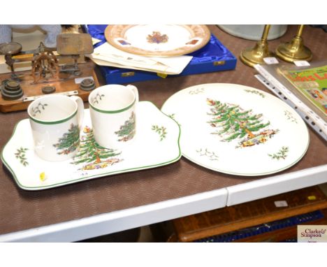 A Spode "Christmas Tree" pattern cake plate, serving dish and two mugs 