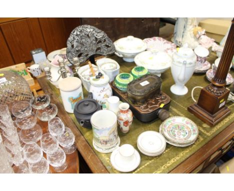 A quantity of various sundry items to include an olives jar, a metal bookstand, a Saddler tankard, a Japanese Satsuma vase, P