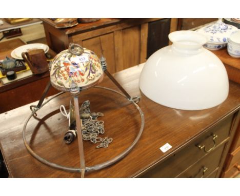A pottery and copper hanging lamp with milk glass shade 