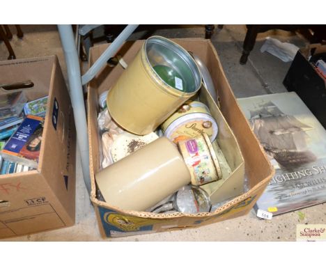 A box containing various kitchenalia etc.to include enamel tin, kitchen scales, etc.