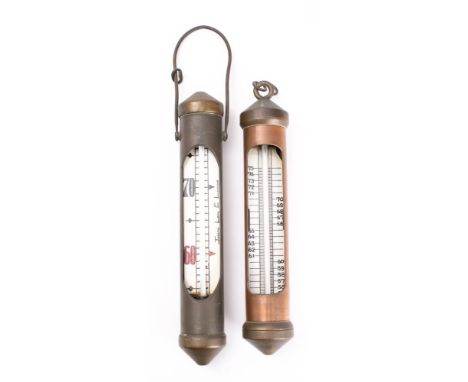 A copper and brass brewing thermometer by Joseph Long Ltd, London, with bail handle and porcelain scale, 40cm high, together 