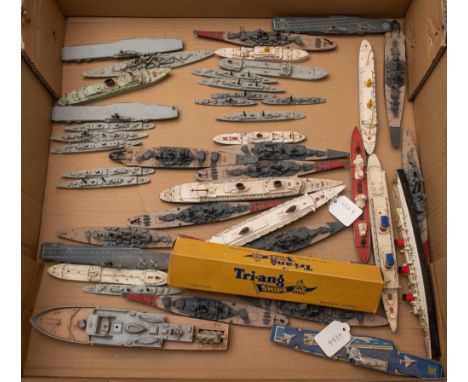 Tri-ang Minic 1/1200th scale waterline ships. A group of Ocean liners and Naval vessels, including a boxed M715 RMS Canberra,