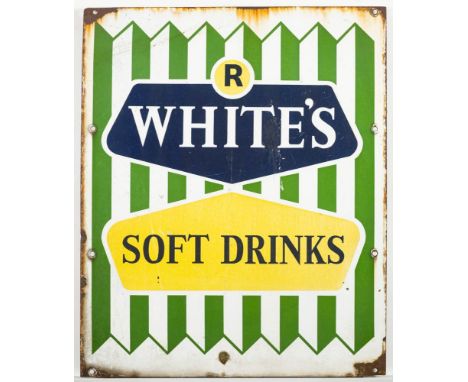 An enamel advertising sign 'R White's Soft Drinks' blue and yellow on a green and white striped ground, 63.5 x 52cm.