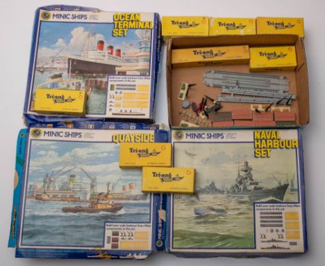 Tri-ang Minic 1/1200th scale waterline ships. Four Boxed sets comprising M902 Ocean Terminal Set with RMS Queen Mary, M903 Na