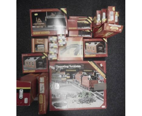 Hornby Railways, a collection of trackside accessories: includes signal cabin, Footbridge, Engine Shed, Station, Platform can