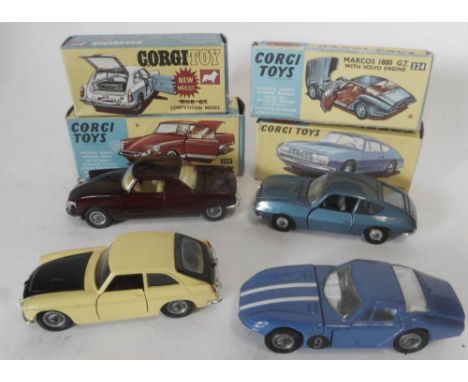 Corgi No 259 "Le Dandy" Coupe No 332 Lancia Fulvia Sport Zagato, No 345 MGC GT Competition Model and No 324 Marcos 1800G.T. w