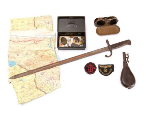 A WWI bayonet: together with three WWII silk maps of French Indo China, two German cloth patches, a pair of sunglasses and a 