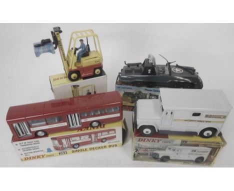 Dinky, No 404 Conveyancer Fork Lift Truck No 283 Single Decker Bus, No 275 Brinks Armoured Car and no 602 Armoured Command Ca