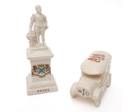 A WWI crested ware model of  ambulance and crested ware model of Drake's statue: (2) 