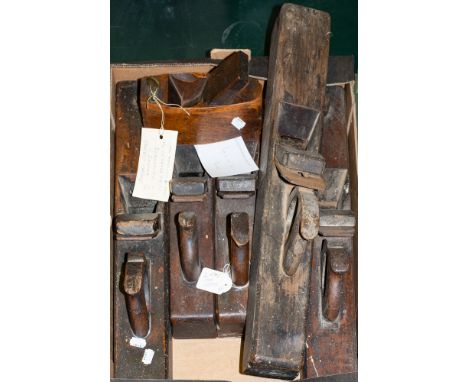 A Moseley adjustable compass plane,: together with a moulding plane and a jack plane also by Moseley, a jack plane by Preston