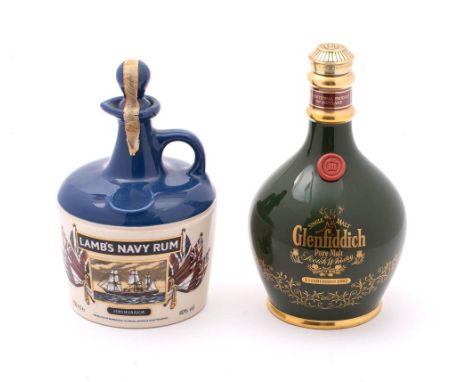A porcelain flagon of Lamb's Navy Rum, together with a  Spode porcelain bottle of Glenfiddich  single Malt  (2) :