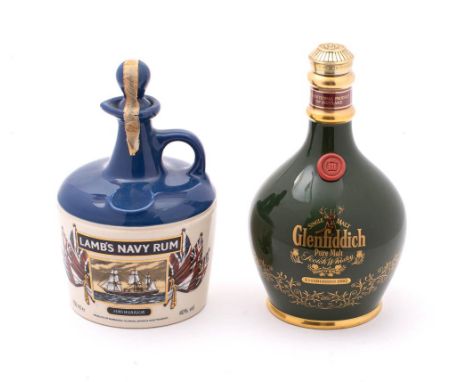 A porcelain flagon of Lamb's Navy Rum, together with a  Spode porcelain bottle of Glenfiddich  single Malt  (2) :