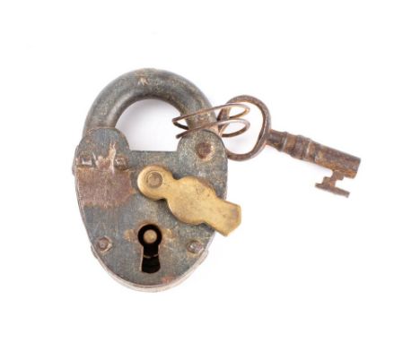 An early 20th century MOD issue iron padlock and key, with brass throat cover, stamped with broad arrow mark to front plate, 