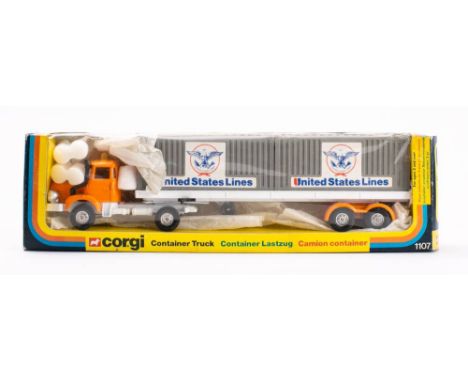 Corgi 1107 Berliet 'United States' Container Truck, orange and white cab and trailer, grey plastic containers with decals, ye