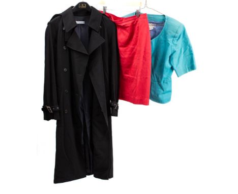Yves Saint Laurent rive gauche. A lady's black wool trench coat, together with a Yves Saint Laurent variation red cotton skir