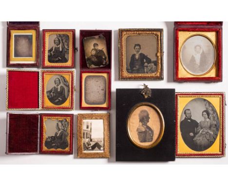 A group of nine various 19th century daguerreotype and ambrotype portraits: including three of the same subject in different 