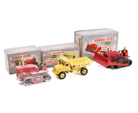 Dinky 965 Euclid Rear Dump Truck, yellow with black treaded tyres, 961 Blaw Knox Bulldozer and 963 Heavy Tractor in blue and 