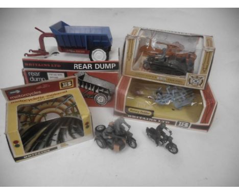Britains Kettenkrad Half Track Motorcycle No 9629 Rear Dump, No 9541 Rotary Tedder, all boxed, a German motorbike with side c