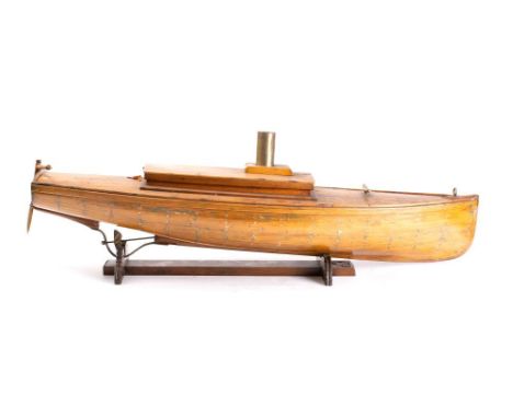 An early 20th century scale model of a steam launch, the planked deck with rectangular canopy with brass funnel, plank and pi