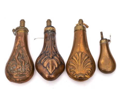 A copper and brass shot flask: by James Dixon & Sons, embossed with hanging game, another embossed with foliage, another with