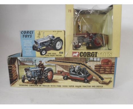 Corgi No 67, Ford 5000 Super Major Tractor-with driver, No 73 Massey-Ferguson 165 Tractor with Saw Attachment and Gift set No